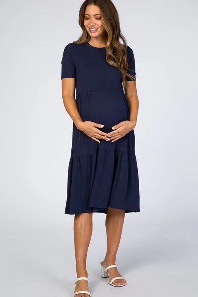 PinkBlush Navy Blue Ribbed Tiered Maternity Dress