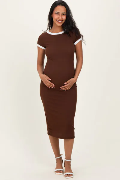 PinkBlush Brown Colorblock Trim Maternity Midi Dress
