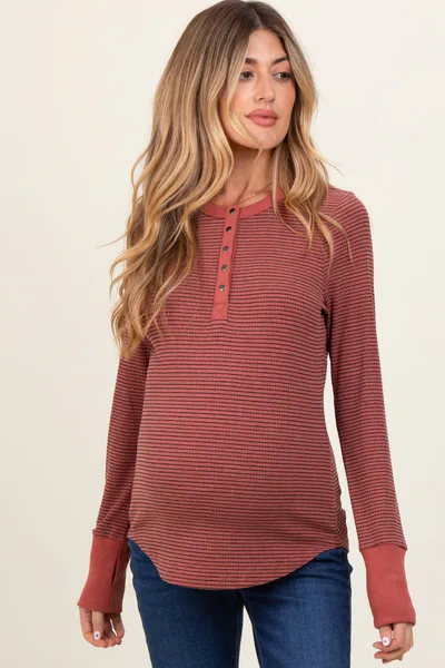 PinkBlush Rust Striped Snap Button Henley Maternity Top