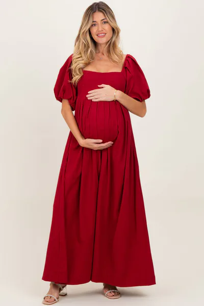 PinkBlush Burgundy Square Neck Puff Sleeve Maternity Maxi Dress