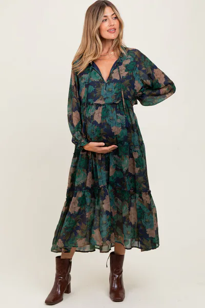 PinkBlush Navy Floral Chiffon Ruffle Tiered Maternity Midi Dress