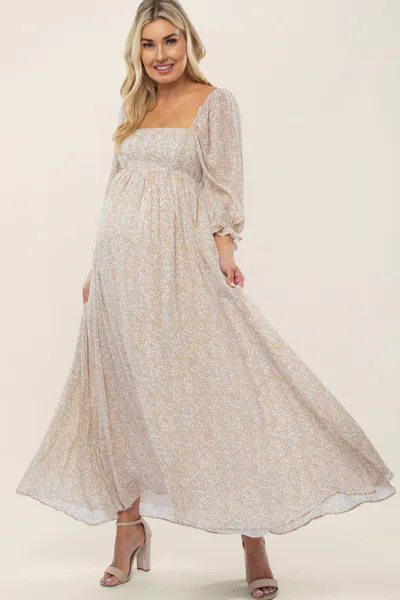 PinkBlush Beige Chiffon Printed Square Neck Empire Maternity Maxi Dress