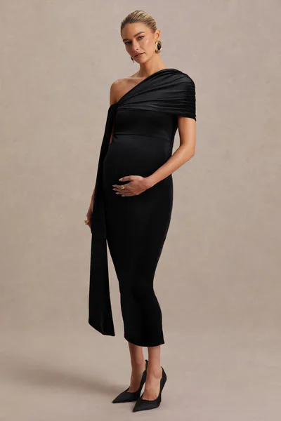 Club L London Zena | Black Velvet Asymmetric-Neck Maternity Midi Dress With Knot And Sash Detail