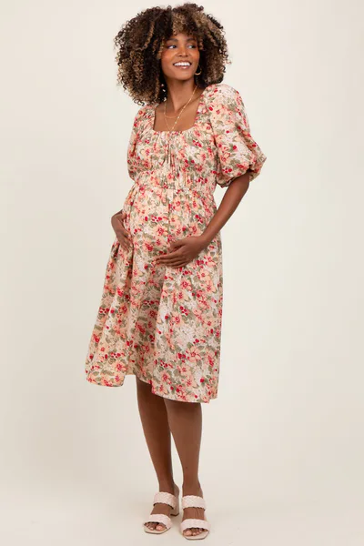 PinkBlush Cream Multi Printed Floral Maternity Maxi Dress