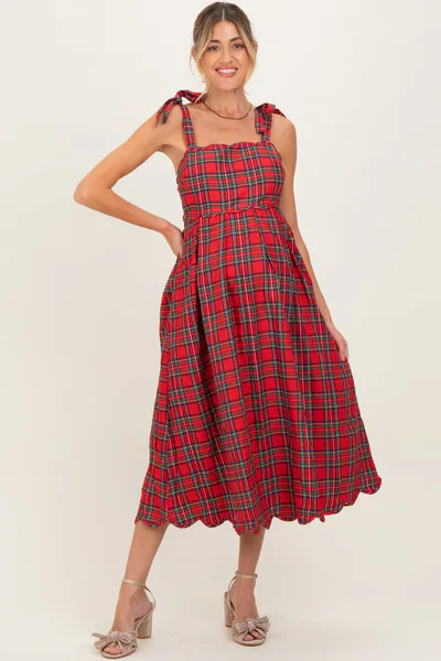 PinkBlush Red Plaid Shoulder Tie Scallop Hem Maternity Midi Dress