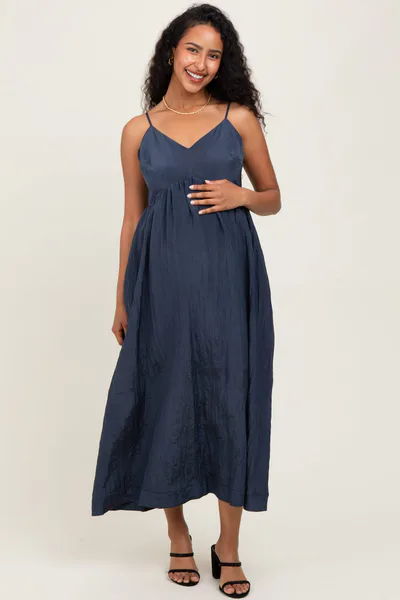 PinkBlush Navy Crinkle Texture V-Neck Sleeveless Maternity Dress