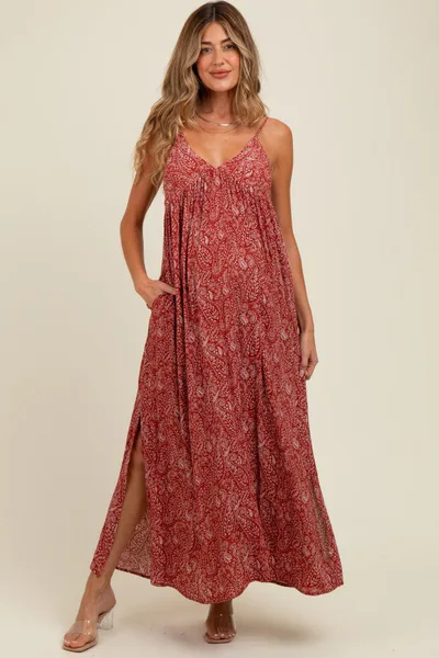 PinkBlush Rust Paisley Print Sleeveless Side Slit Maternity Maxi Dress