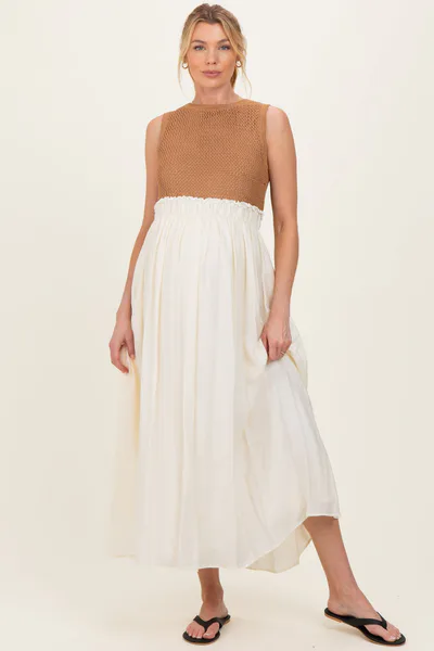 PinkBlush Mocha Knit Bodice Contrast Skirt Maternity Maxi Dress