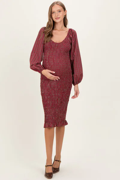 PinkBlush Burgundy Plaid Long Sleeve Bodycon Maternity Midi Dress