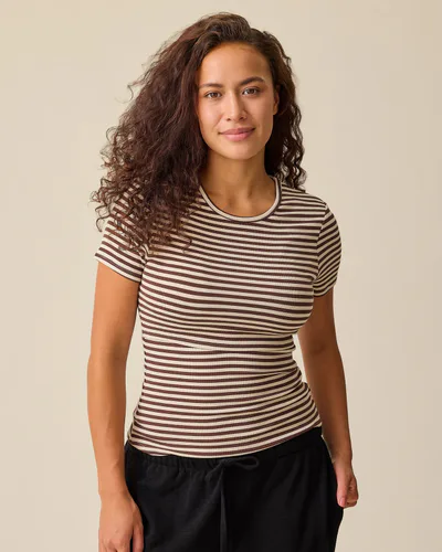 Kindred Bravely Ribbed Bamboo Crew Neck Nursing T-shirt | Chocolate & Ivory Stripe