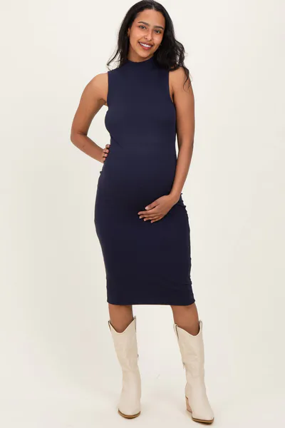 PinkBlush Navy Ribbed Mock Neck Maternity Midi Dress