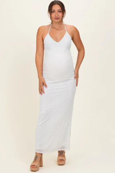 PinkBlush Off White Halter Textured Knit Maternity Maxi Dress