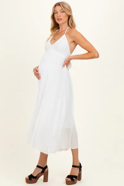 PinkBlush White Halter Cutout Maternity Midi Dress