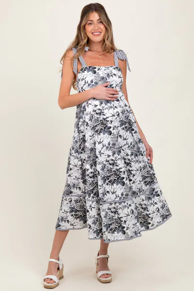 PinkBlush Black Floral Shoulder Tie Striped Trim Maternity Midi Dress