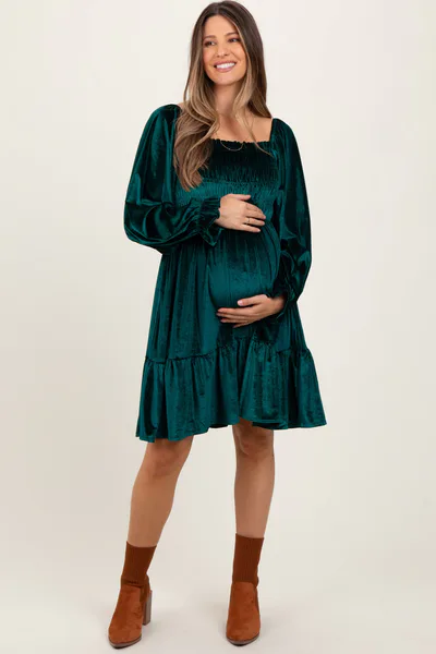 PinkBlush Forest Green Velvet Smocked Long Sleeve Maternity Dress