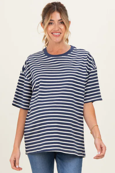 PinkBlush Navy Striped Short Sleeve Crew Neck Oversized Cotton Maternity Top