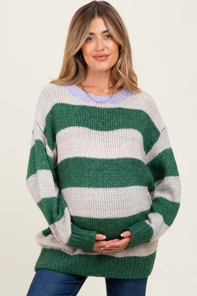 PinkBlush Green Wide Stripe Chunky Knit Maternity Sweater