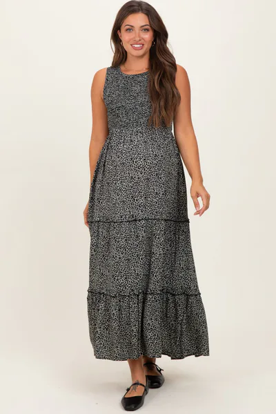 PinkBlush Grey Animal Print Sleeveless Smocked Tiered Maternity Maxi Dress