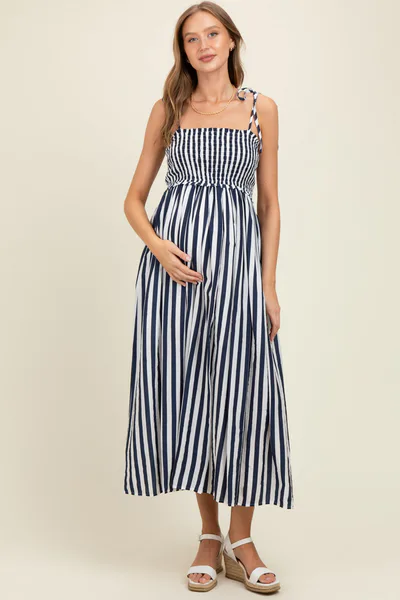 PinkBlush Navy Striped Smocked Shoulder Tie Maternity Midi Dress