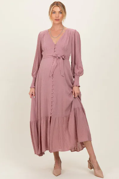 PinkBlush Rose Swiss Dot Button Down Maternity Maxi Dress
