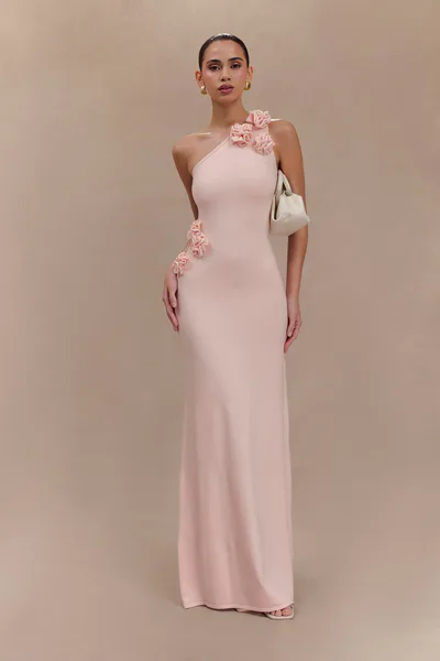 MESHKI Paloma One Shoulder Knit Maxi Dress With Flowers - Baby Pink