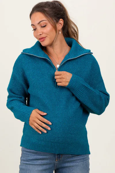 PinkBlush Deep Teal Half Zip Maternity Pullover Sweater