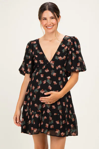 PinkBlush Black Floral Puff Sleeve Maternity Dress