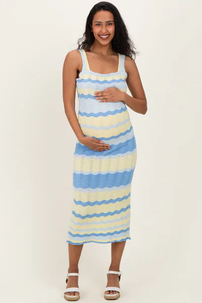 PinkBlush Light Blue Crochet Knit Striped Maternity Tank Dress