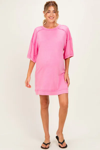 PinkBlush Hot Pink Mineral Wash French Terry Knit Maternity T-Shirt Dress