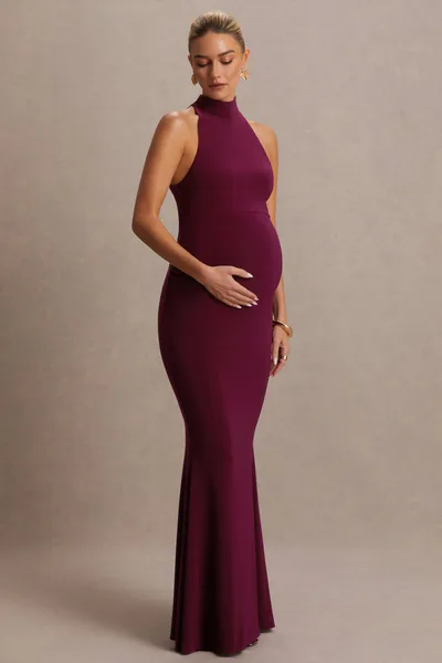 Club L London Kaia | Burgundy Halter-Neck Maternity Dress