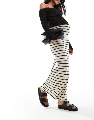 ASOS Mamalicious Maternity jersey over the bump maxi skirt in cream stripe