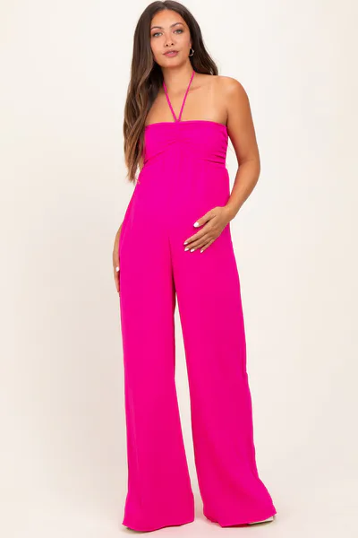 PinkBlush Fuchsia Halter Neck Wide Leg Maternity Jumpsuit