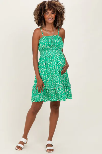 PinkBlush Green Floral Smocked Waist Ruffle Accent Maternity Dress