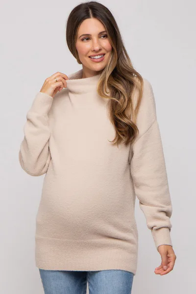 PinkBlush Beige Fuzzy Knit Mock Neck Maternity Sweater