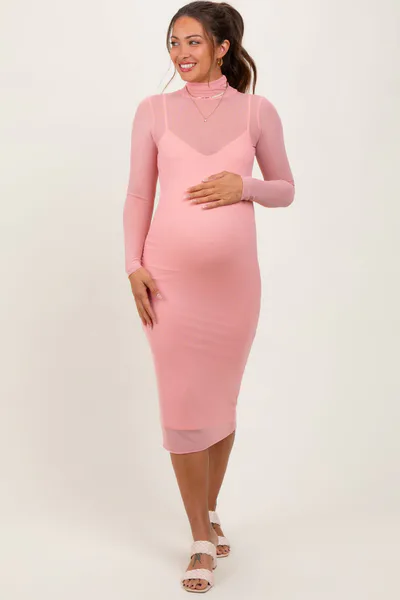 PinkBlush Coral Mesh Overlay Fitted Maternity Midi Dress