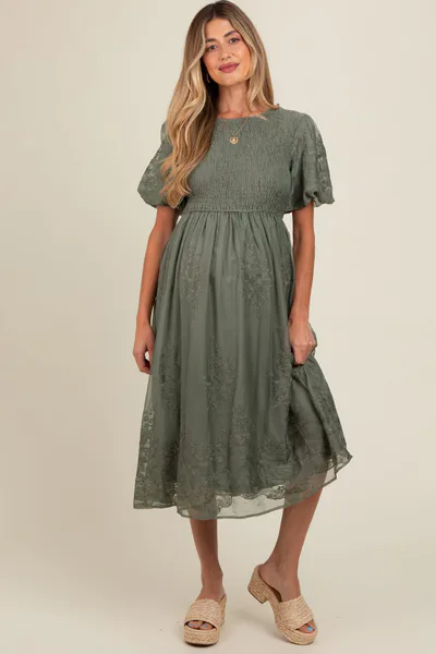 PinkBlush Olive Floral Lace Smocked Maternity Midi Dress
