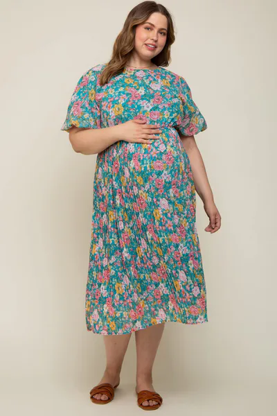 PinkBlush Teal Floral Pleated Maternity Plus Size Midi Dress
