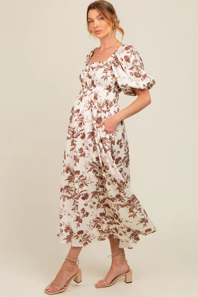 PinkBlush Brown Floral Puff Sleeve Maternity Midi Dress