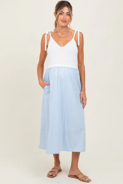 PinkBlush Light Blue Contrast Knit Bodice Maternity Midi Dress