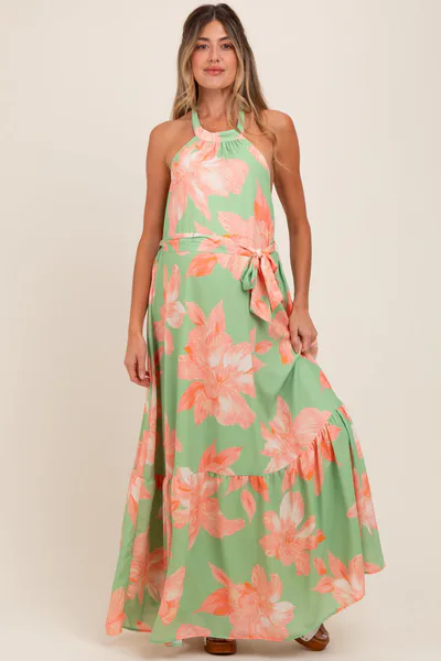 PinkBlush Mint Green Floral Halter Neck Open Back Maternity Maxi Dress