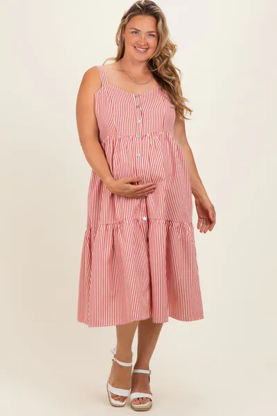 PinkBlush Red Striped Tiered Overall Maternity Plus Dress