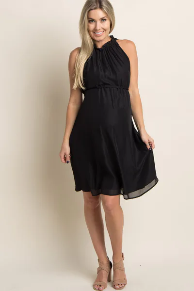 PinkBlush PinkBlush Black Chiffon High Neck Maternity Dress