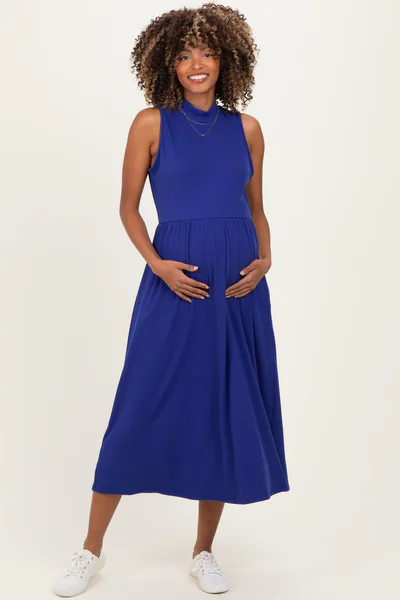 PinkBlush Royal Blue Ribbed Mock Neck Sleeveless Maternity Midi Dress