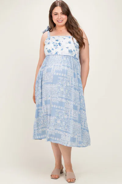 PinkBlush Blue Ivory Plus Floral Tie Shoulder Woven Maternity Midi Dress