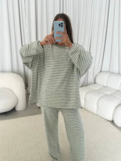 Worth Collective Naomi Striped Fleece Oversized Long Sleeve Top in Sage - Bump Friendly