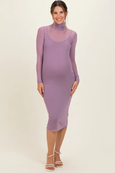 PinkBlush Dusty Lavender Mesh Overlay Fitted Maternity Midi Dress