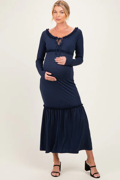 PinkBlush Navy Ribbed Long Sleeve Ruffle Trim Off Shoulder Maternity Maxi Dress