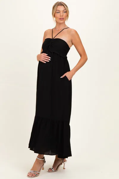 PinkBlush Black Halter Neck Tiered Cutout Maternity Maxi Dress