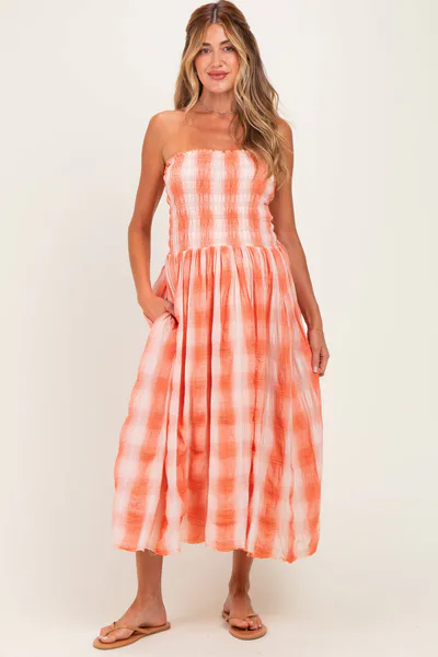 PinkBlush Orange Plaid Smocked Strapless Maternity Midi Dress