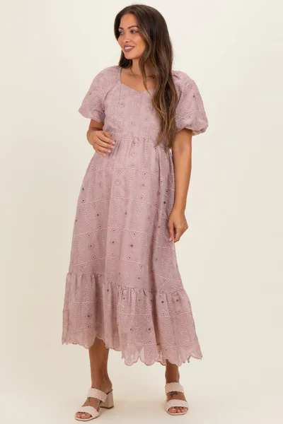PinkBlush Mauve Printed Puff Sleeve Maternity Midi Dress